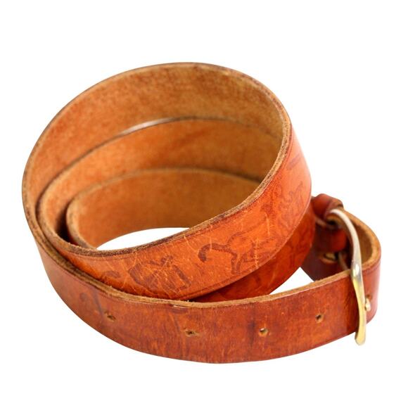 TOOLED TAN BROWN GENUINE LEATHER 7/8"Wd DRESS CASUAL WOMEN'S BELT Size S (R8 - Picture 6 of 14